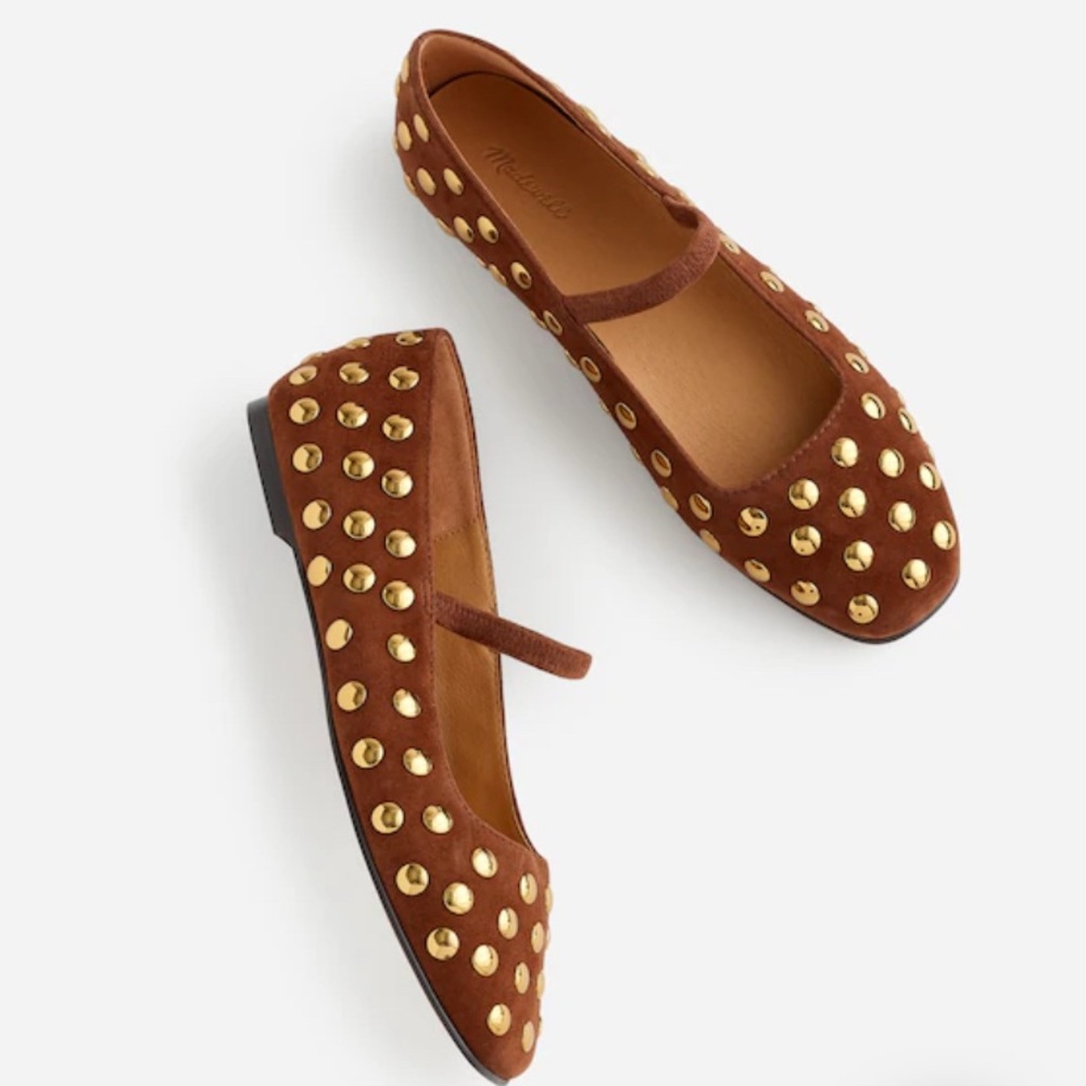 Madewell Studded Greta Ballet Flat Chesnut Brown w/ Gold Studs Size 8.5 EUC